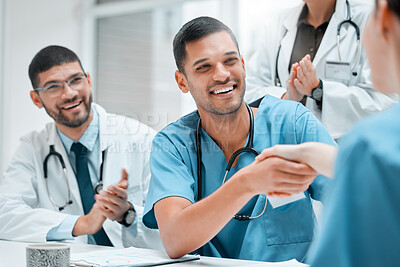 Buy stock photo Hospital, clapping or doctors shaking hands for interview, good job or promotion success in meeting. Happy people, congratulations or proud healthcare worker with manager for medical collaboration