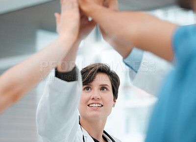 Buy stock photo Healthcare, team or high five in clinic for support, successful procedure or happy in hospital. Woman doctor, achievement or hands of people with smile for collaboration, medical innovation or trust