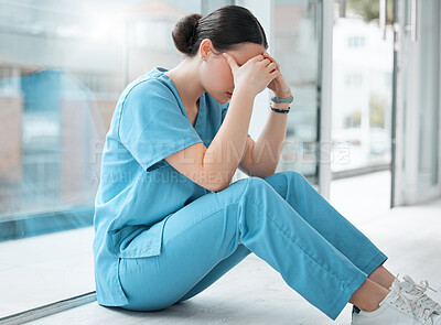 Buy stock photo Nurse, stress and depression in hospital with sad news for healthcare crisis, mistake and medical fail. Woman, headache and mental health with pain for burnout, anxiety or busy schedule in clinic