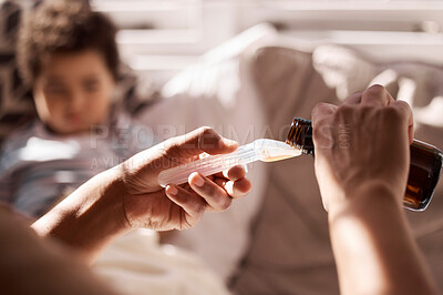 Buy stock photo Parent, hands and medicine with spoon for sick child, cough or flu in bed for cure at home. Closeup of guardian with syrup or pharmaceutical product for son or kid with virus, illness or allergies