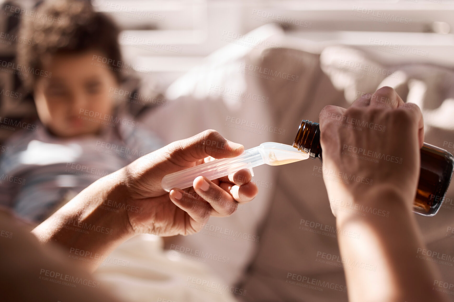 Buy stock photo Parent, hands and medicine with spoon for sick child, cough or flu in bed for cure at home. Closeup of guardian with syrup or pharmaceutical product for son or kid with virus, illness or allergies