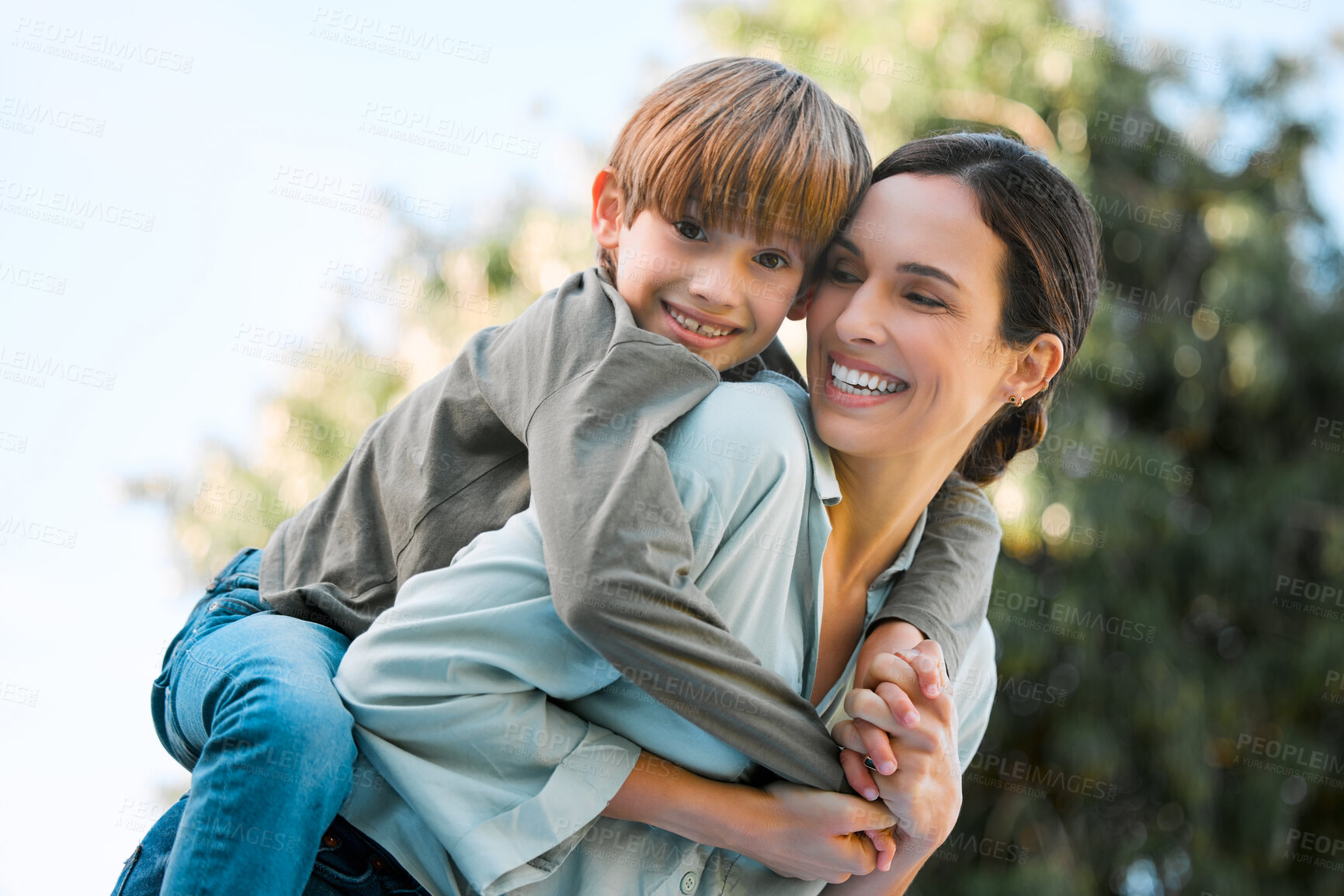 Buy stock photo Portrait, mother and piggyback boy in outdoor for bonding activity, playful fun and childhood happiness in park. Mom, child and back hug in nature for sunshine adventure, weekend break and affection.