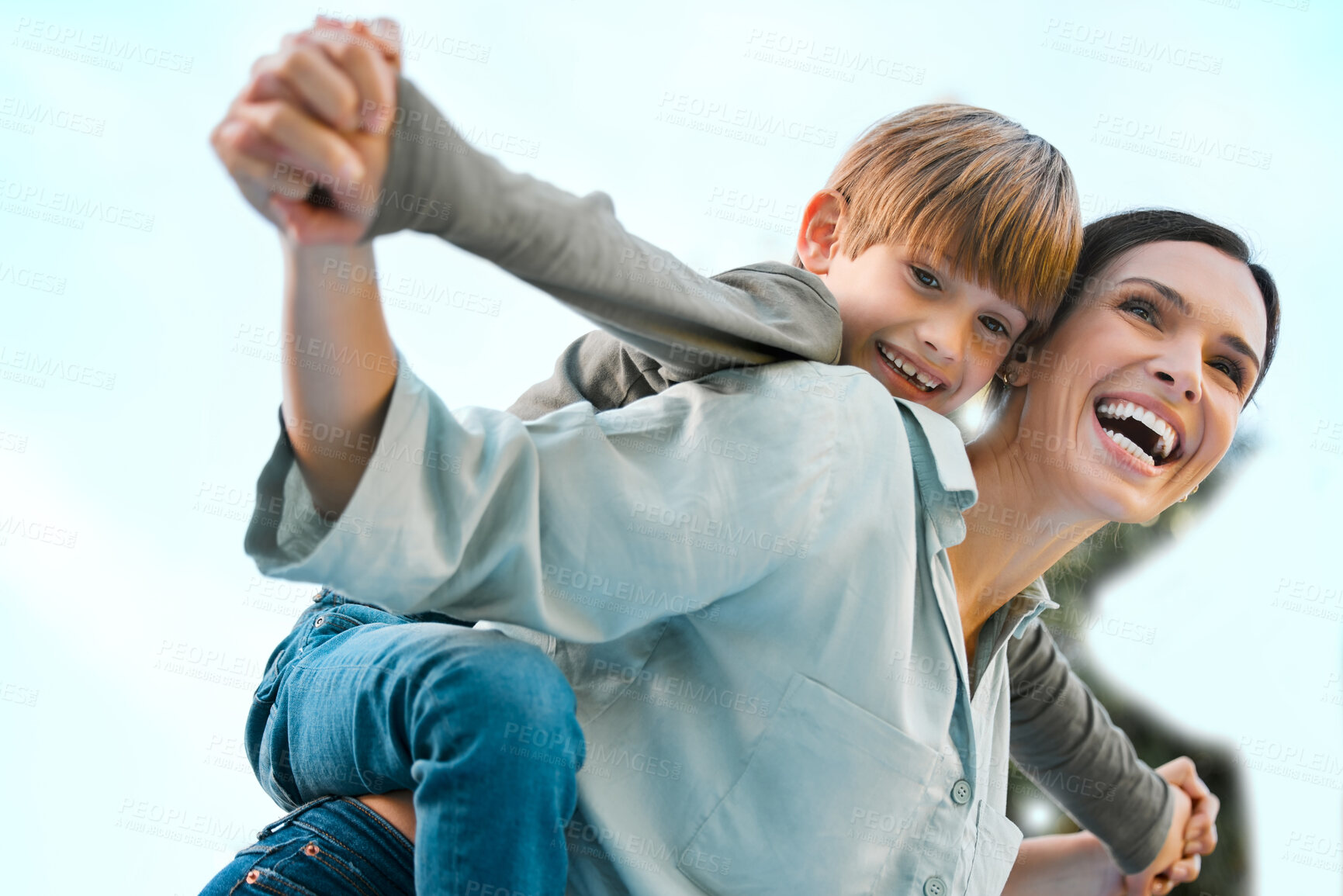 Buy stock photo Happy, mom and boy with airplane in outdoor for bonding activity, playful fun and childhood happiness in park. Mother, child and back hug in nature for sunshine adventure, weekend break and affection