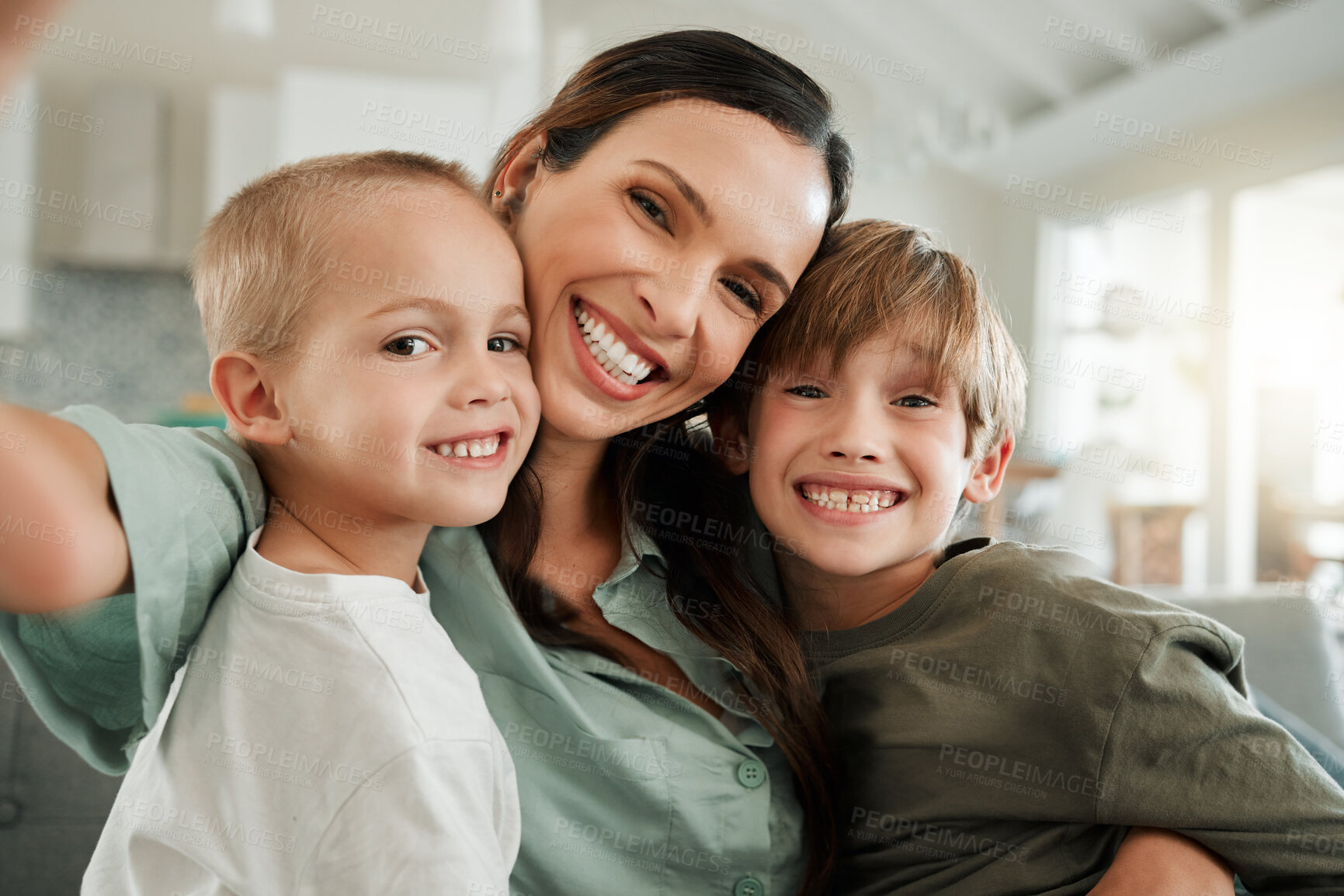 Buy stock photo Love, selfie and smile with family on sofa in living room of home together for bonding, fun or game. Memory, profile picture or social media with happy mother and sibling boy children in apartment