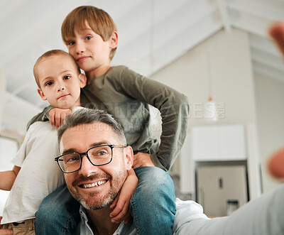 Buy stock photo Dad, boys and happy in home for selfie with bonding for social media post and profile picture. Family, parent and kids with smile for love, support and care with child development on break and relax