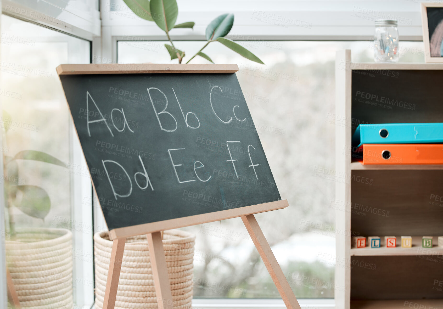 Buy stock photo Alphabet, blackboard and education for lesson in house with letters, information and foundation teaching of growth. Chalk, abc and studying for learning process, language assessment and development