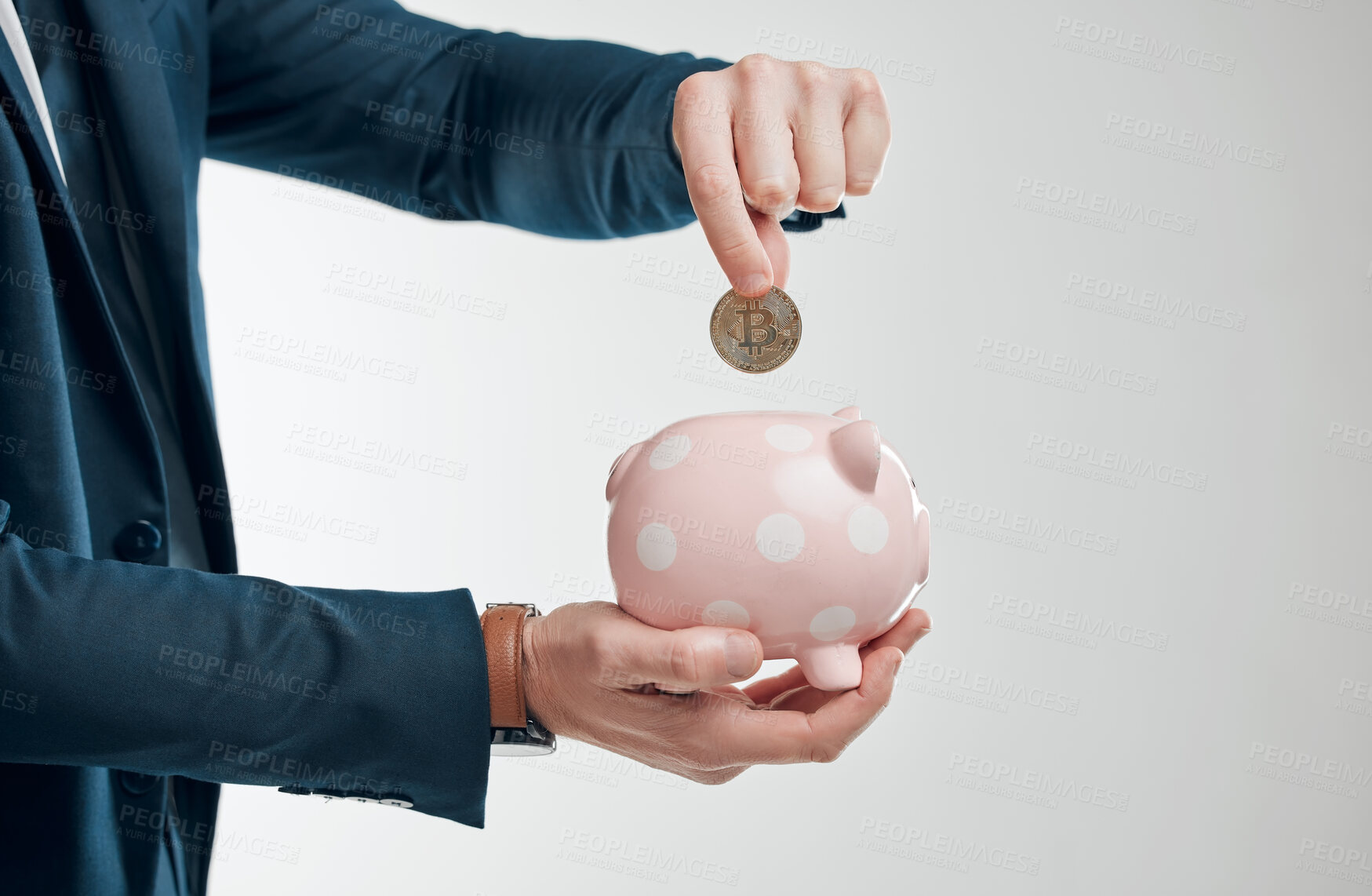 Buy stock photo Hands, business and man in studio with piggy bank for savings and investment on white background. Male person, cash and coin for financial freedom, income and profit with banking and budget planning