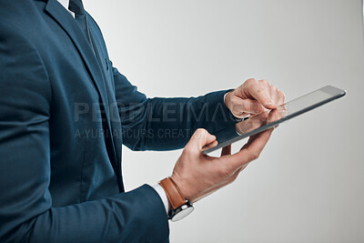 Buy stock photo Business man, hands and tablet with digital investment portfolio, working and financial app. Trading, online investing and corporate employee with tech for stock market research and commerce at work