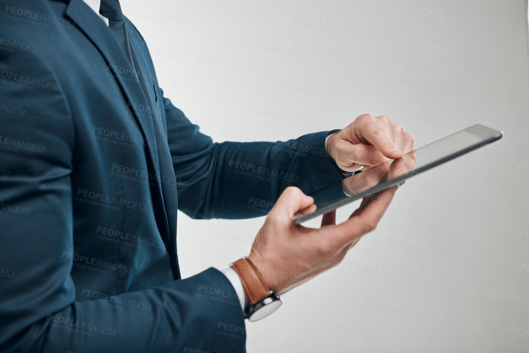 Buy stock photo Business man, hands and tablet with digital investment portfolio, working and financial app. Trading, online investing and corporate employee with tech for stock market research and commerce at work