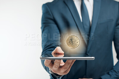 Buy stock photo Hands, business and man with tablet, coin and trading with online money on white studio background. Closeup, person and model with tech, hologram and investment with savings and financial growth