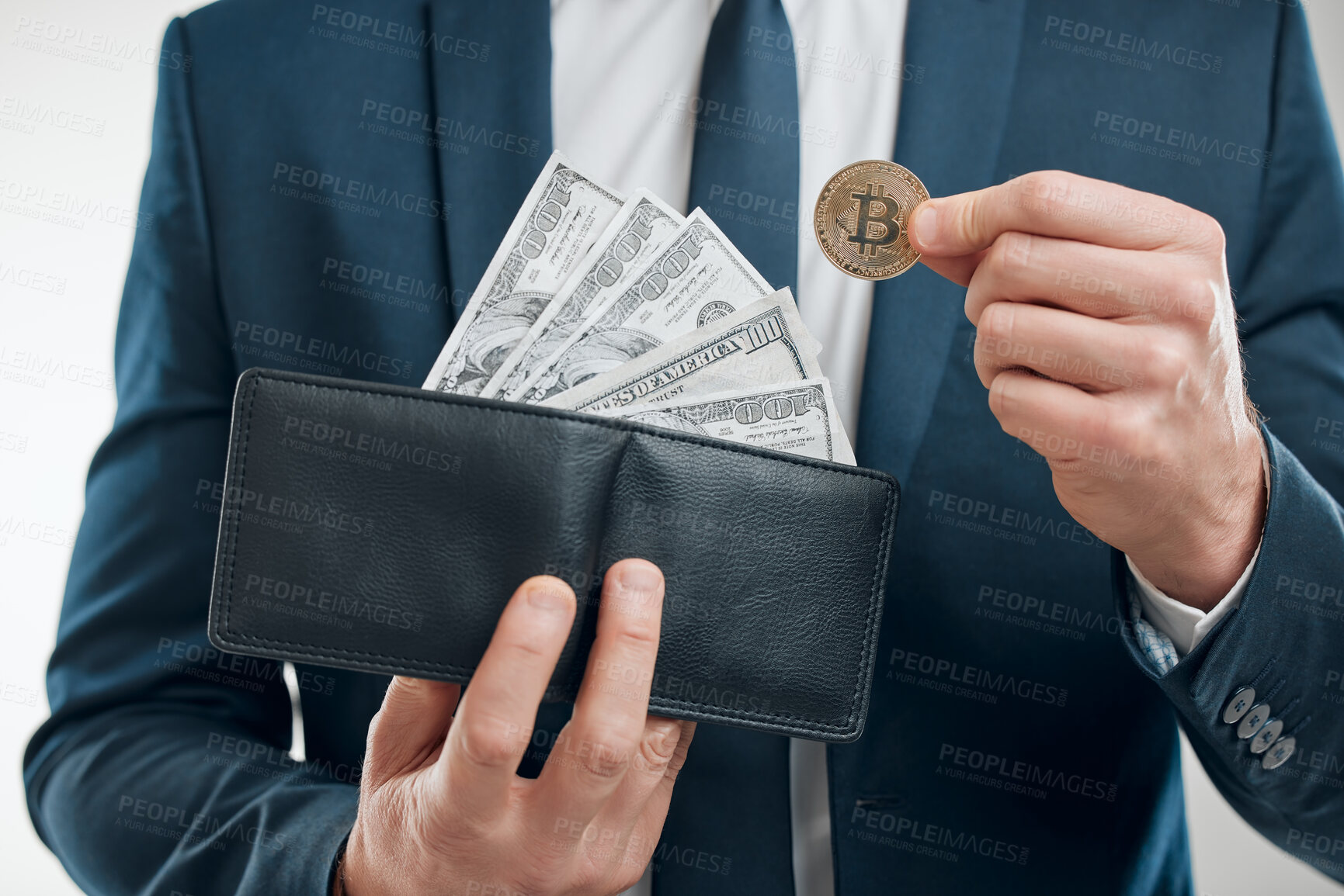 Buy stock photo Hands, man and studio with wallet for cryptocurrency on white background for trading and savings. Business person, banknotes and coin for stock market, digital currency and investment for transaction