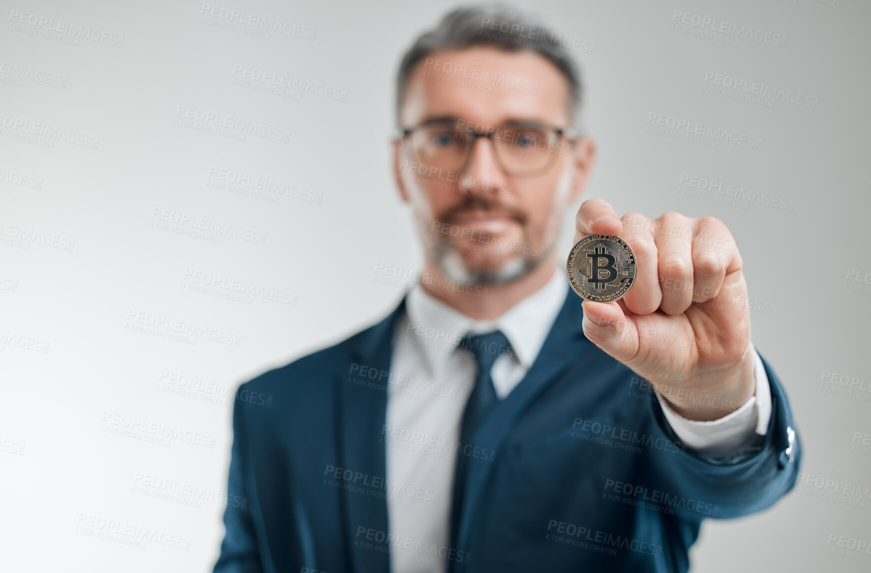 Buy stock photo Studio, portrait and businessman with coin for cryptocurrency, interest and ownership for investment. Finance, mature investor and money for value growth, trading and cash profit by white background