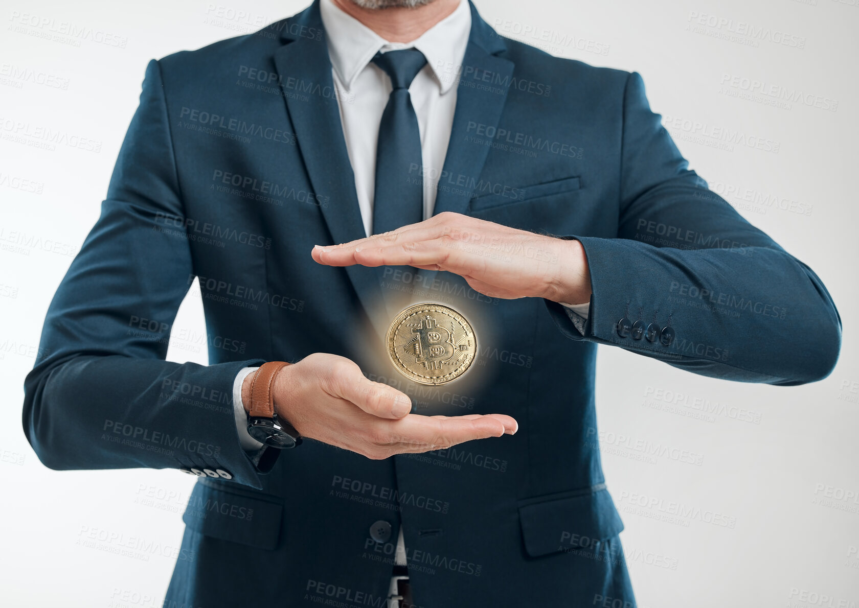 Buy stock photo Hands, business man and cryptocurrency in studio isolated on white background. Gold, digital money and coin float with trader in suit on blockchain market for financial investment, mining or banking