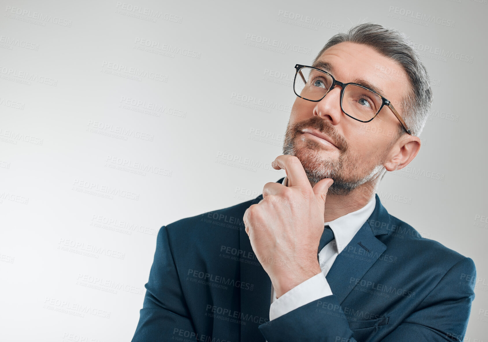 Buy stock photo Thinking, business man and work idea with decision and considering choice in studio. Working, corporate person and professional with mature entrepreneur planning for solution with white background