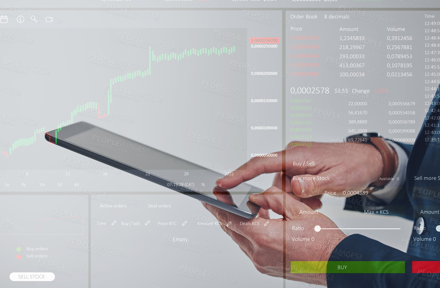 Buy stock photo Business man, hands and tablet with stock market overlay with investment portfolio and financial app. Trading, online investing and corporate employee with tech and cyber statistics at fintech work