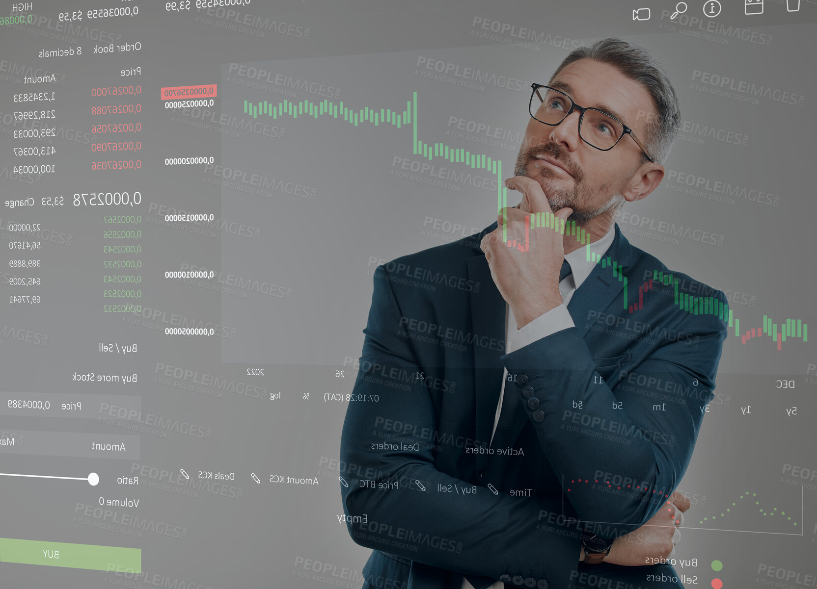 Buy stock photo Overlay, thinking and businessman with stock market for finance, data analysis and investment in trading. Crypto, statistics and infographic of mature analyst for economy, growth and idea with graph