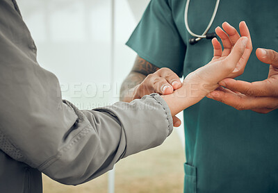 Buy stock photo Doctor hands, patient and check pulse for wellness, support and care with outdoor healthcare. Physiotherapy expert, person and touch wrist for heart rate, injury and joint or anatomy inflammation