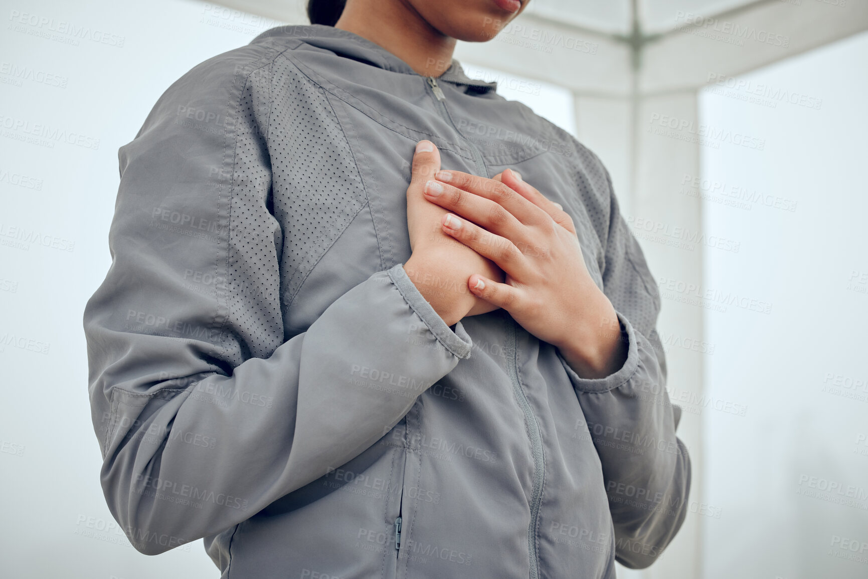 Buy stock photo Chest, hands and heart attack with fitness person in gym for health, training or wellness. Asthma, cardiac arrest or pain and sports athlete with breathing problem, emergency or 
tuberculosis