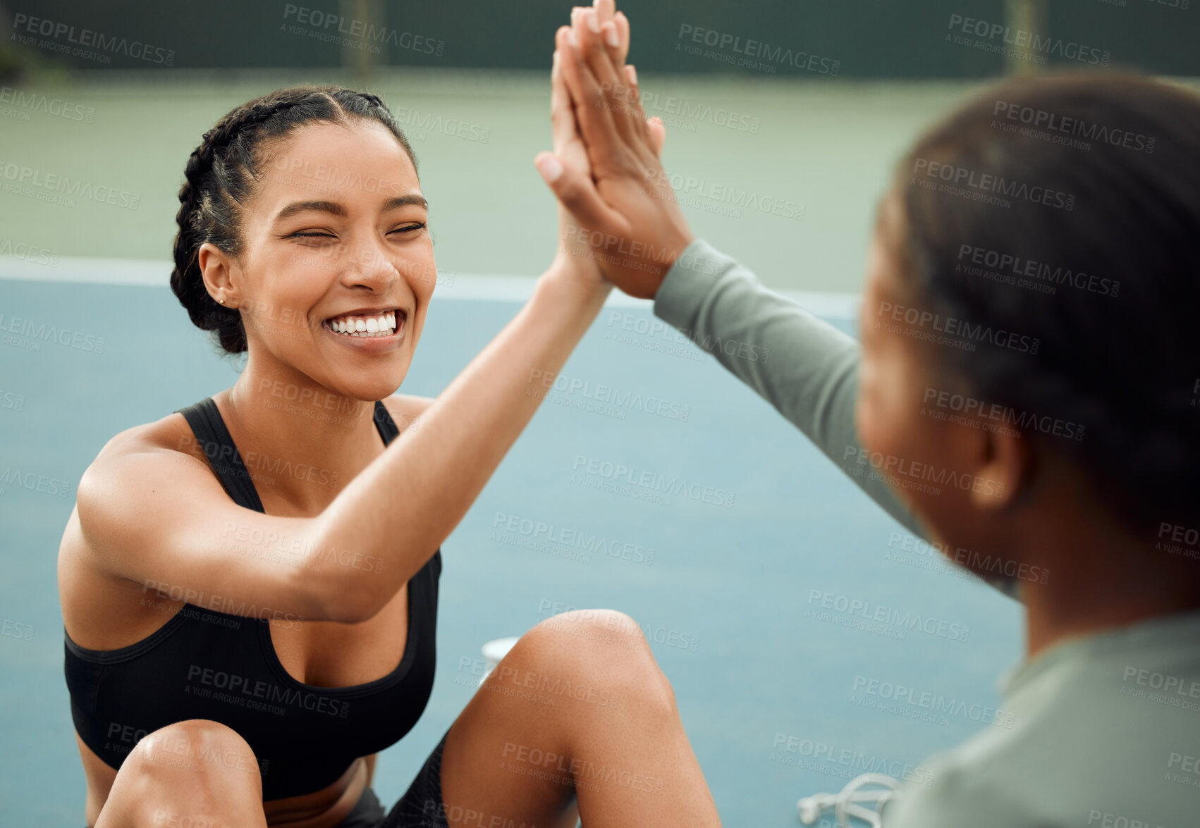 Buy stock photo Women, fitness and friends high five on court or outdoor training in park for workout, exercise or practice. Break, happy and people with support or health in celebration of challenge or performance