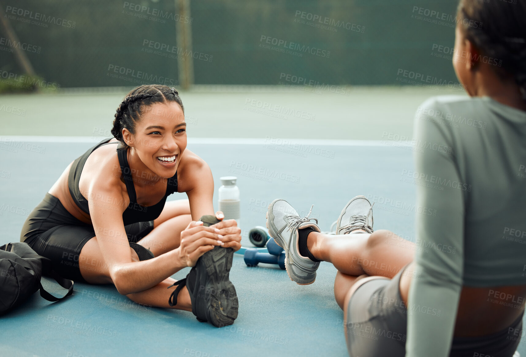 Buy stock photo Sports court, women and friends with workout, stretching and training for wellness, cardio and time together. People, outdoor or girls with conversation, support and exercise with fitness or routine