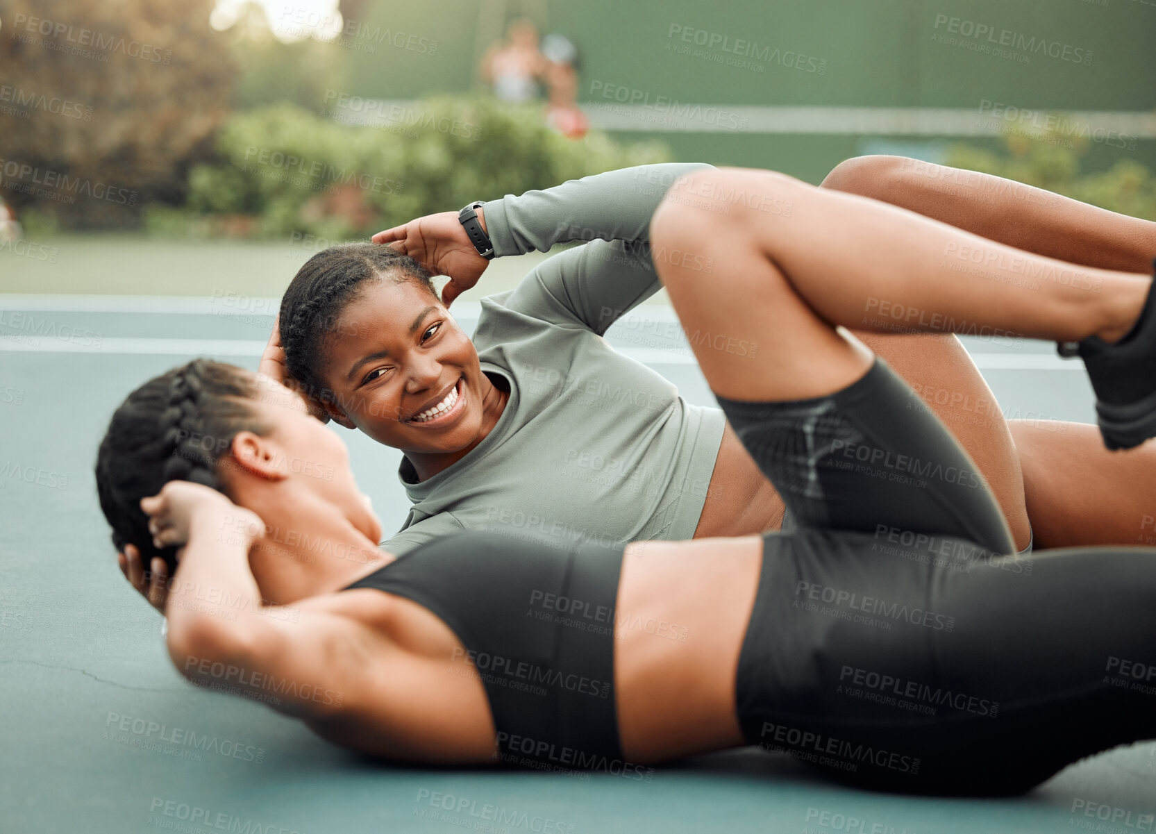 Buy stock photo Sports court, women and friends with fitness, crunches and training for wellness, cardio and challenge. People, outdoor and girls with conversation, support or exercise with abs, endurance or routine