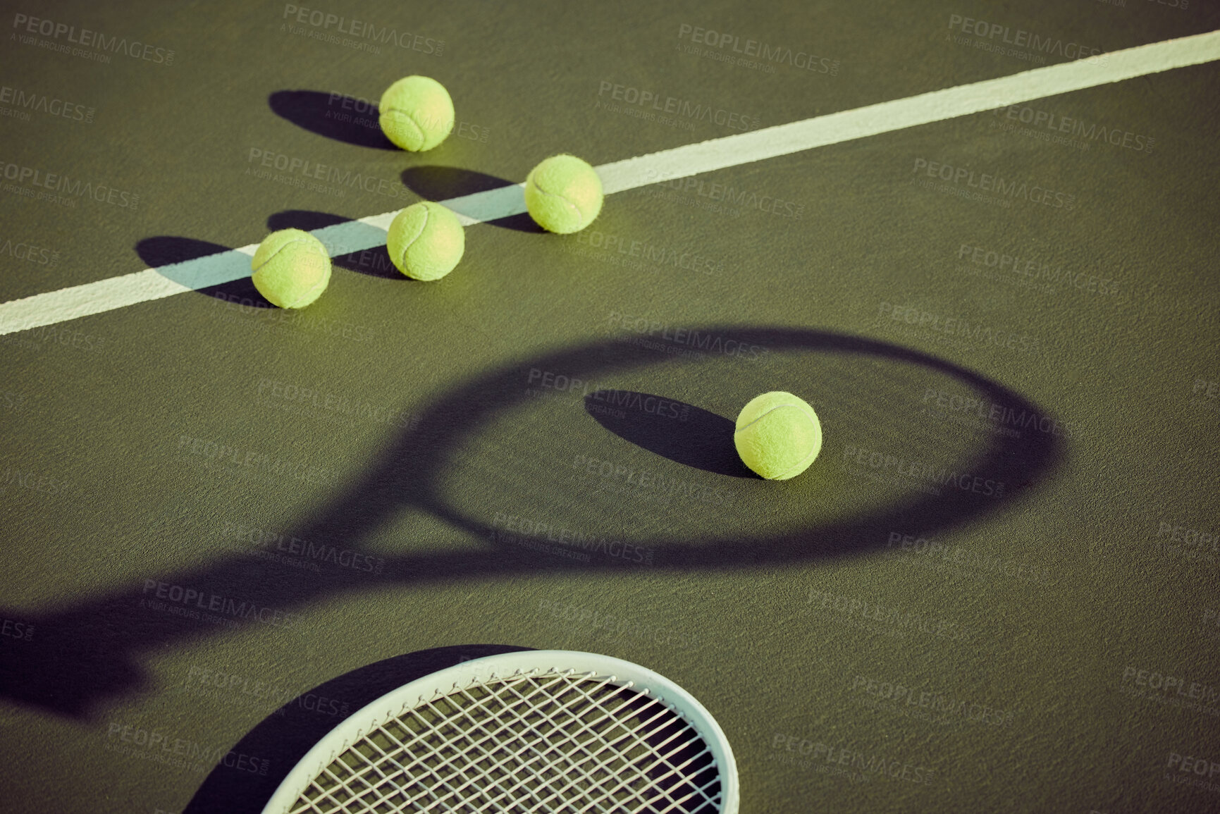 Buy stock photo Racket shadow, tennis and balls on court outdoor for game, competition or texture pattern. Turf, sport and empty ground above with equipment on background for contest, exercise or training at stadium