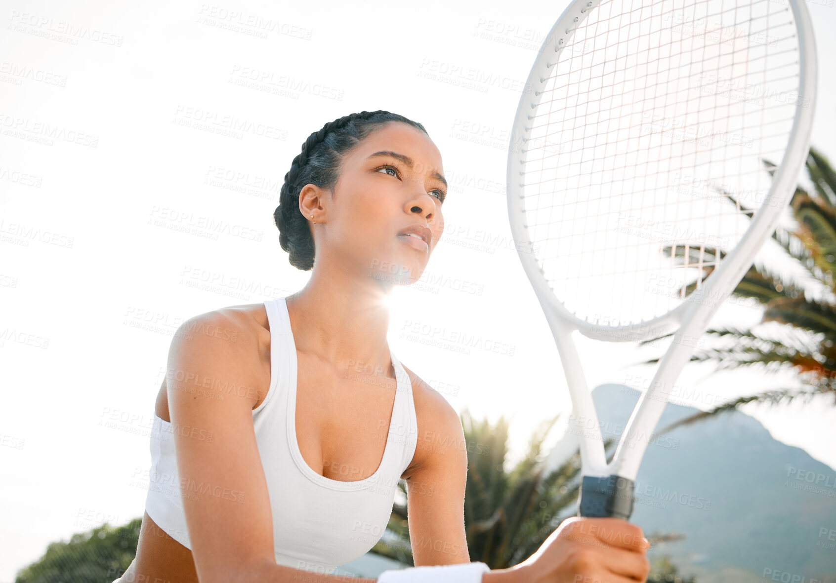 Buy stock photo Fitness, tennis and woman with racket on court for practice, competition or cardio workout. Sports, athlete and African person with equipment for physical activity, tournament or training at club