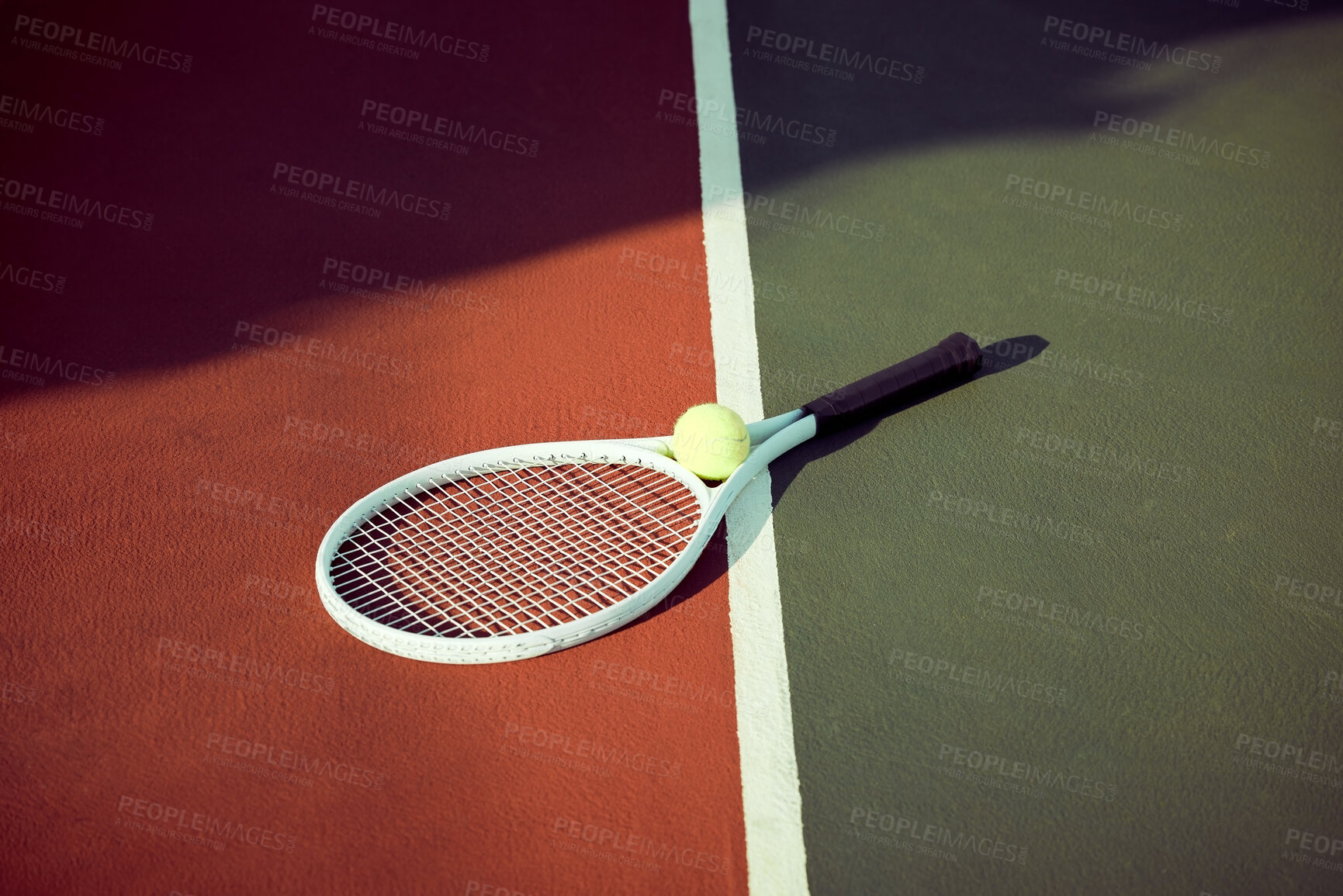 Buy stock photo Racket, tennis and ball on court outdoor for game, competition and texture. Turf, sport and empty ground with equipment on background for contest, exercise or training in top view with mockup space