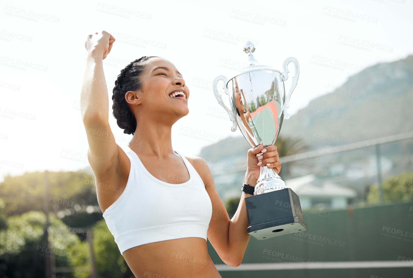 Buy stock photo Happy, woman and celebration with trophy for tennis, achievement and tournament win with excitement. Girl, prize and silver reward for athletic success or victory, competition champion and proud.