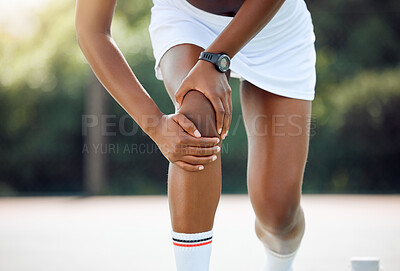 Buy stock photo Girl, hands and knee pain on tennis court for injury, game accident and inflammation of hardcore training for competition. Woman, healthcare and joint or muscle ache outdoor for fitness and strain.