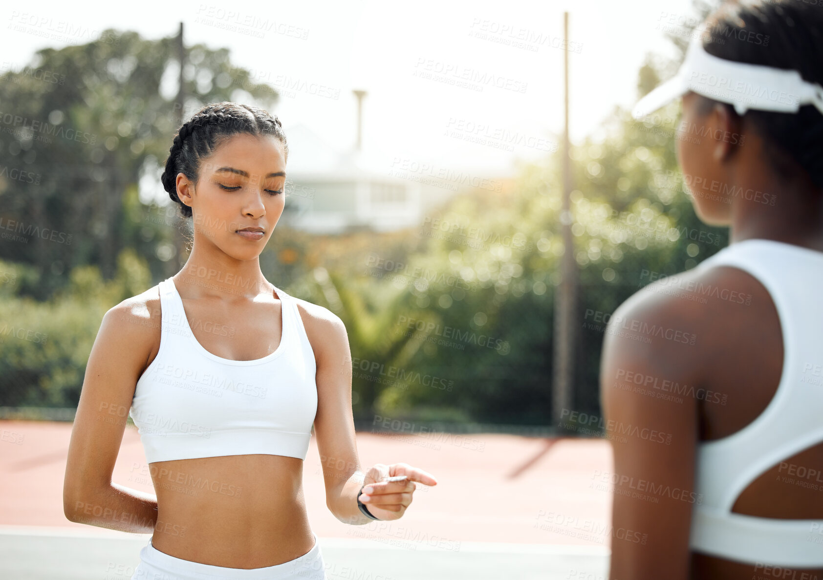 Buy stock photo Umpire, sports and coin toss on court for tennis, serve and start game with racket, ball or decision. Woman, player and choice for flip contest, match and competition with determination or resilience