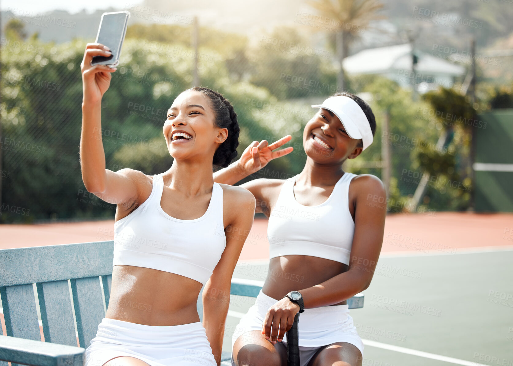 Buy stock photo Smile, women and friends with selfie on tennis court for memory, social media post and personal blog together. Outdoor, peace sign and live streaming for match or game, content creation and happy.