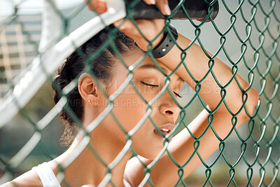 Buy stock photo Fatigue, tennis and woman with racket at court for practice, competition or cardio workout. Sports, fence and tired person with equipment for physical activity, exhausted or rest after training