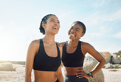 Buy stock photo Fitness friends laughing at beach, women workout together with happiness and active lifestyle outdoor. Exercise in nature, healthy and happy with female people have funny conversation while training