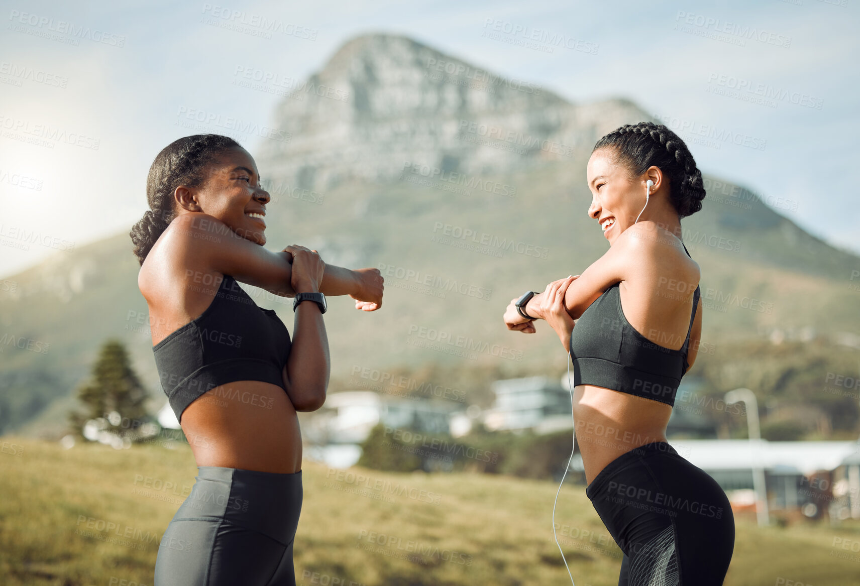 Buy stock photo Fitness friends outdoor, women stretching arms for workout with happiness and active lifestyle in park. Exercise in nature, healthy and happy with female people training and warm up together