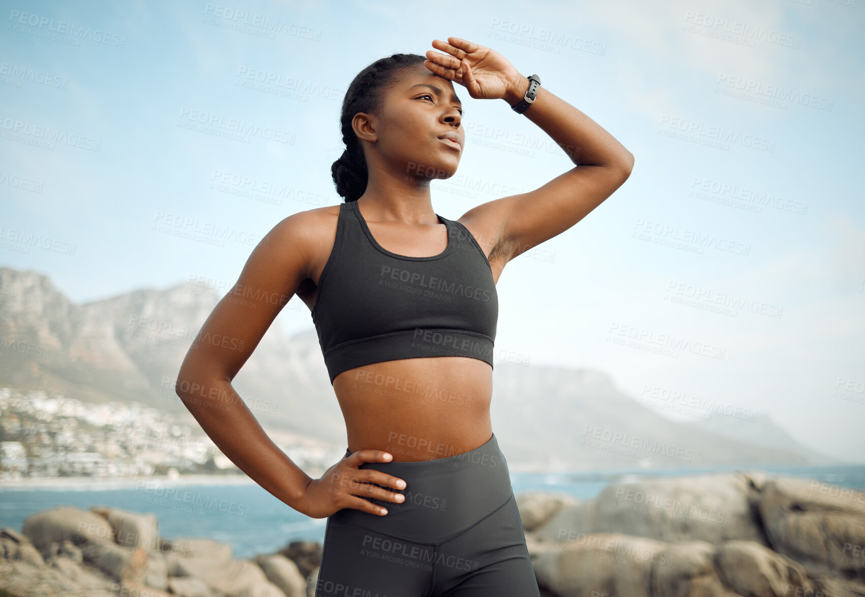 Buy stock photo Sports, athlete and black woman on job, outdoor and break in nature, beach and fitness for runner. Ocean, exercise and person with search for trail, wellness and workout of running in weekend