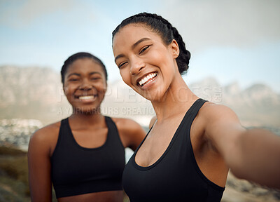 Buy stock photo Fitness friends in selfie at beach, women face after workout together with happiness and active life outdoor. Exercise in nature, healthy and happy with female people training and smile in picture