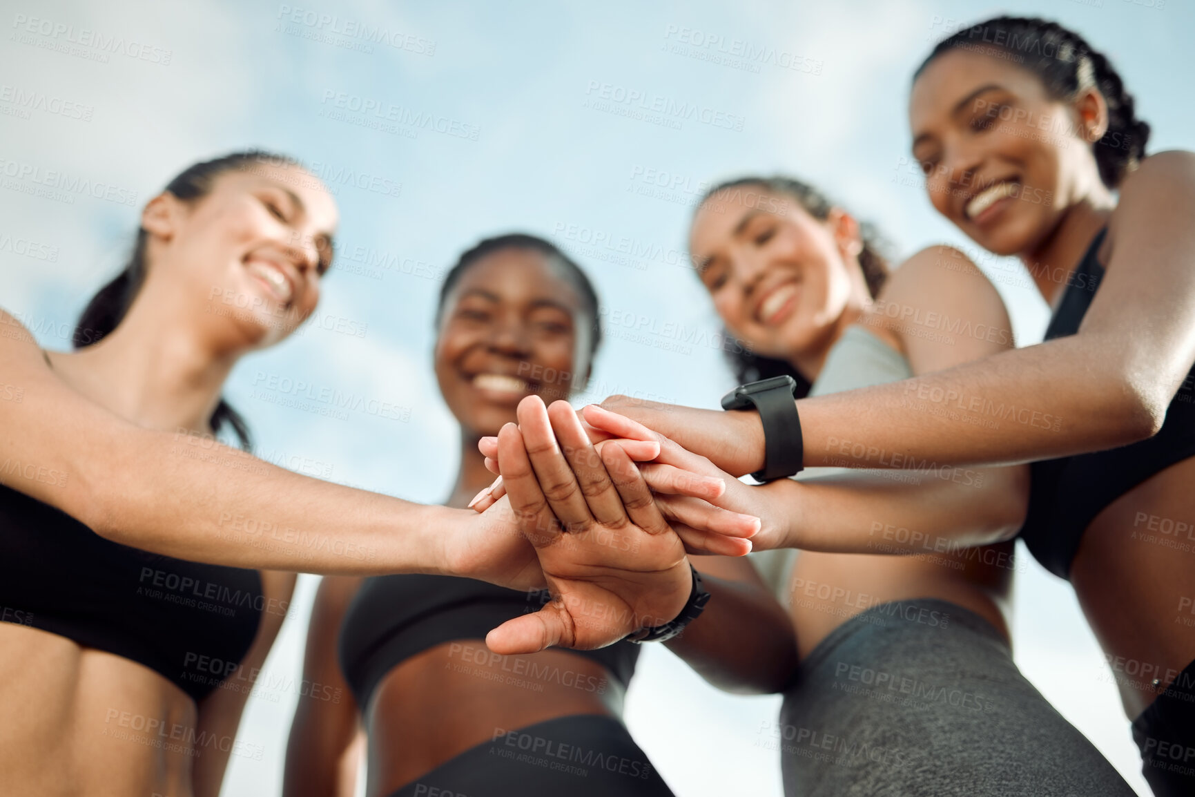 Buy stock photo Women, happy and hands with huddle, fitness and together for motivation, inspiration and exercise. Friends, smile and collaboration outdoor with solidarity, circle and team building for training