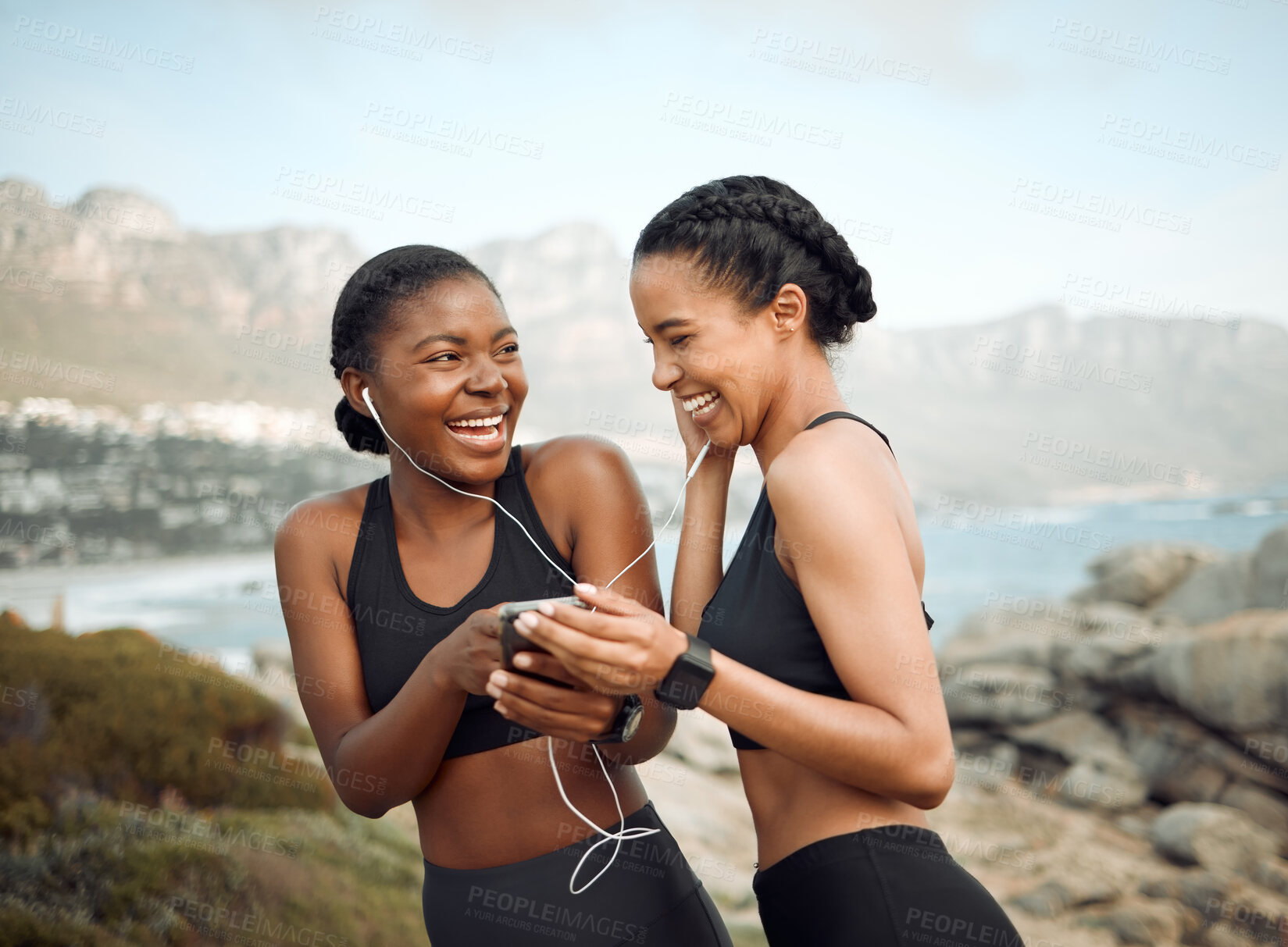 Buy stock photo Woman, earphones and athlete friends or outside, listening and music or audio song with runners in nature together. Streaming, podcast and morning on weekend break, exercise and workout with tech