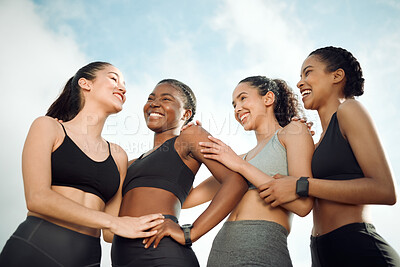 Buy stock photo Shot of a group of friends having fun together before a workout