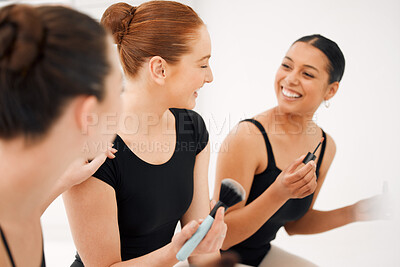 Buy stock photo Women, ballet and dancer friends with makeup to prepare for show, competition or choreography backstage. Ballerina, happy girls and group apply cosmetics to get ready for performance art with beauty