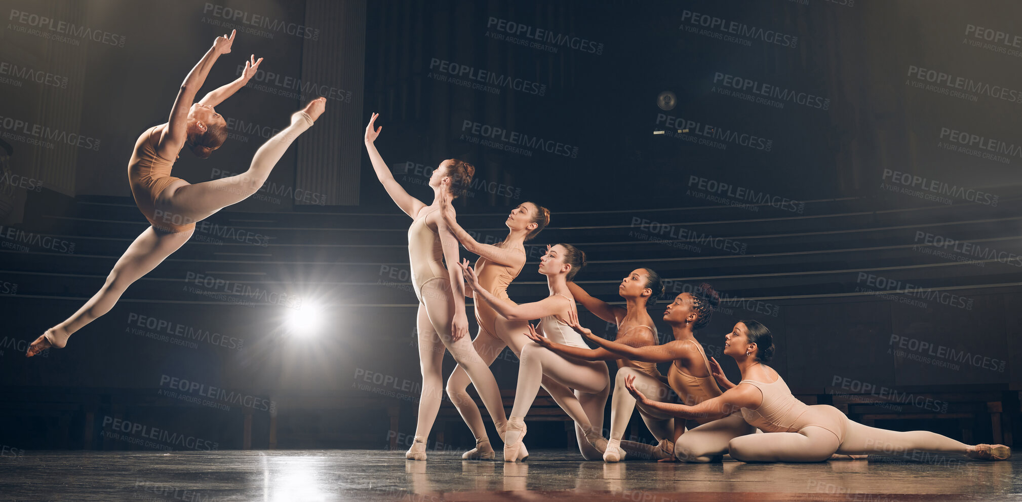 Buy stock photo Ballet group, women and performance on stage for theatre recital and dancing for competition at art academy. Ballerina, team or jumping for creative routine with flexibility in talent show production