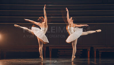 Buy stock photo Women, ballet and stage for artistic dance, creative and practice performance in rehearsal. People, double exposure and balance in physical technique, students and team training on theatre platform