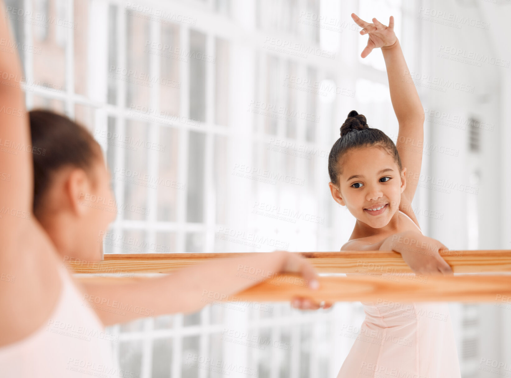 Buy stock photo Girl, mirror or kid student in ballet class for training or learning or posture balance in art school. Dancer, reflection or child ballerina in practice lesson for exercise, warm up routine or talent