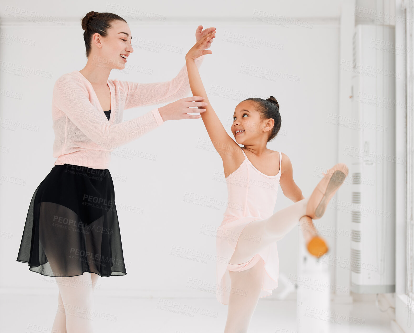 Buy stock photo Stretching, teacher and kid in ballet class for learning, sports and development for art. Happy, woman and girl child in dance studio for lesson, wellness or practice for talent show and performance