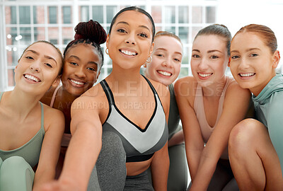 Buy stock photo Women, friends and happy for fitness with selfie at gym on portrait for social media and profile picture. People, confident and smile at sports club for training, exercise and workout for health