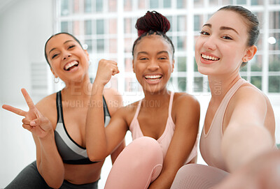 Buy stock photo Shot of three women taking a selfie together in their gym clothes