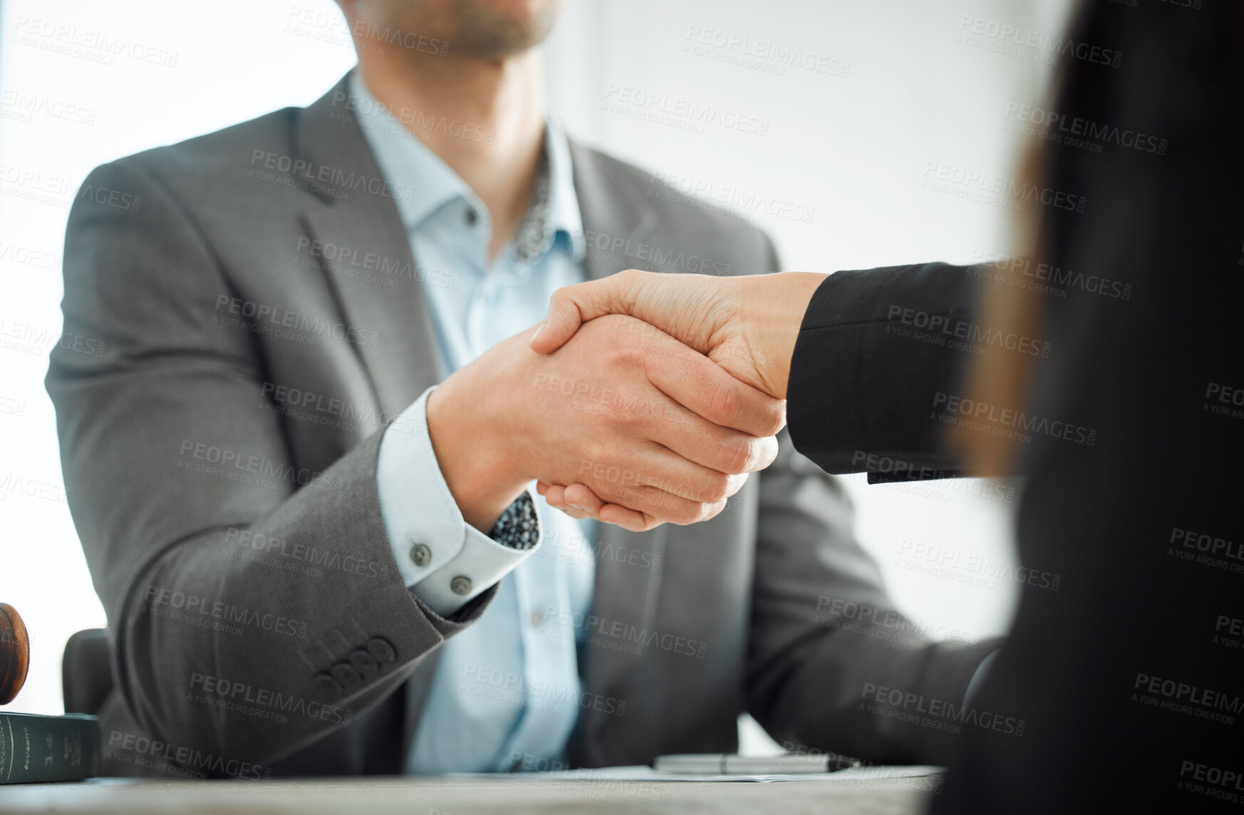 Buy stock photo Business people, man and woman with handshake, closeup and client with deal, contract and partnership. Office, interview and promotion with attorney, legal aid and shaking hand for welcome and lawyer