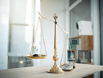 Buy stock photo Shot of a scale balancing a plant and a wad of cash