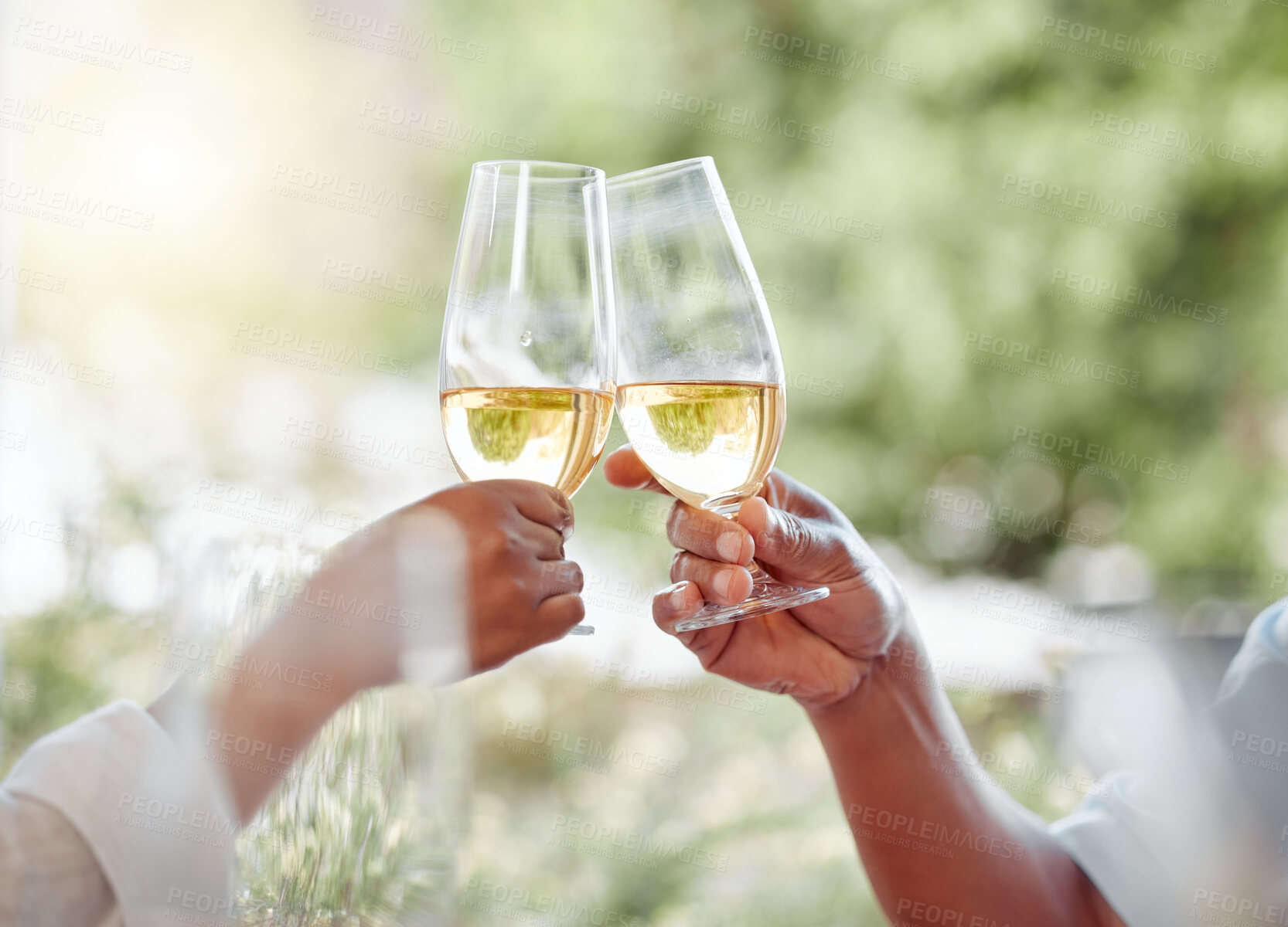 Buy stock photo Hands, couple and toast with champagne outdoor for anniversary, date celebration and bonding together. People, cheers and love with wine glass for romance, loyalty and commitment of relationship